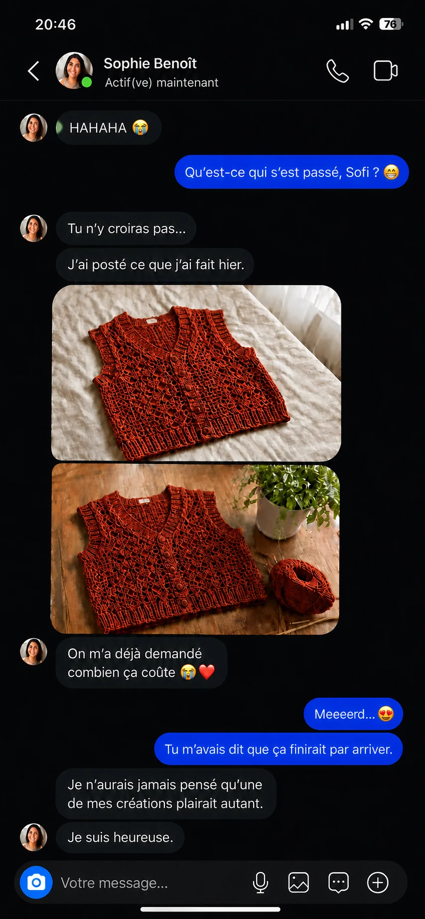 Message d’une crocheteuse sur Instagram