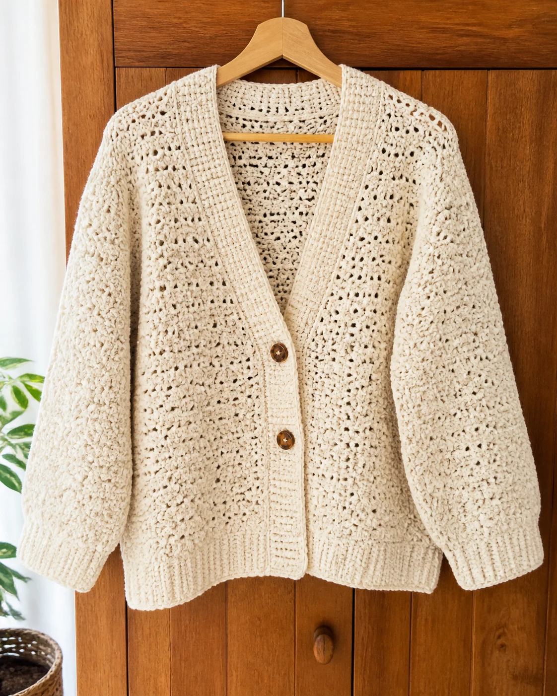Cardigan au crochet réalisé par une cliente